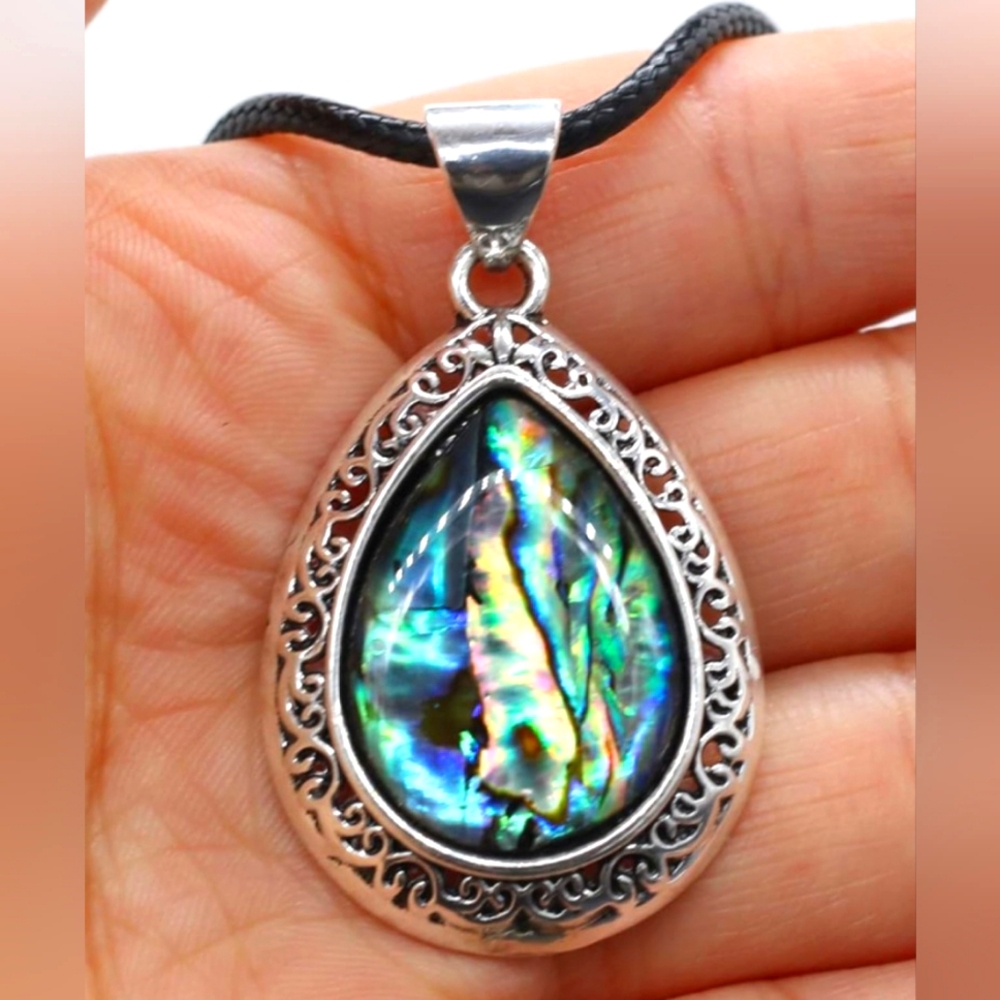 Natural Stone Necklace Water Drop Crystal Opal Necklace,A-Abalone NEW